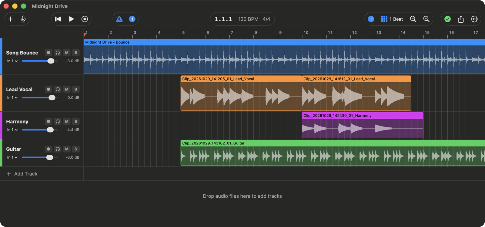 Dovetail Tracker with a producer's bounce on the first track and lead vocal, harmony and guitar takes on the tracks below, lined up to the bars.