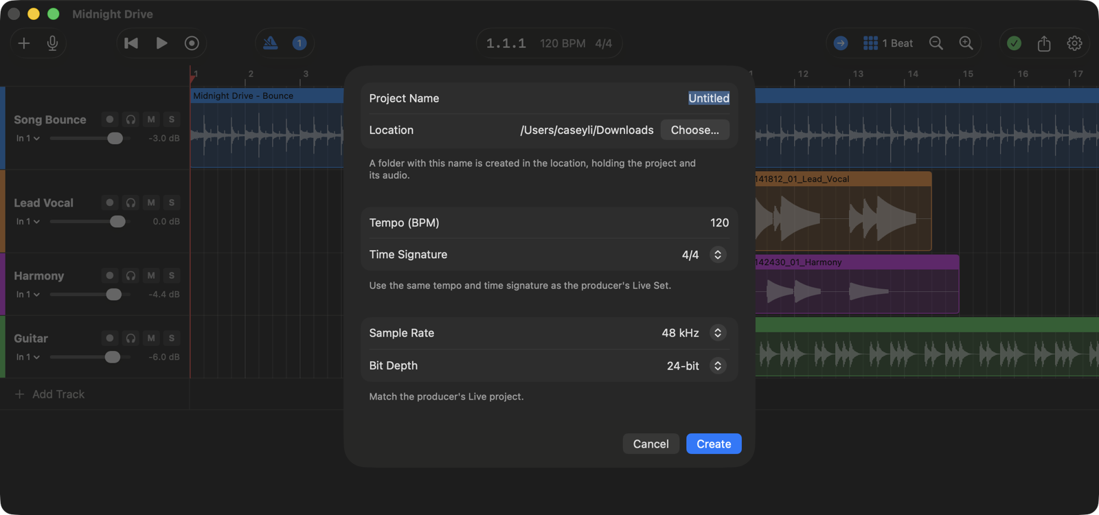 The New Project form: name, location, tempo, time signature, sample rate and bit depth.