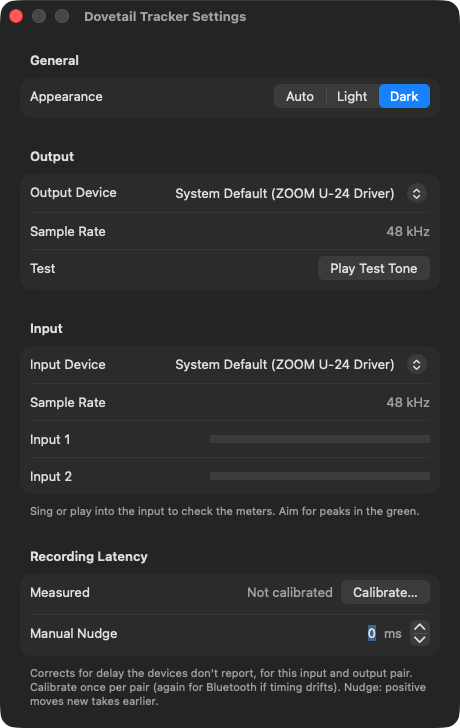 Settings: appearance, audio devices with input meters, and latency calibration.