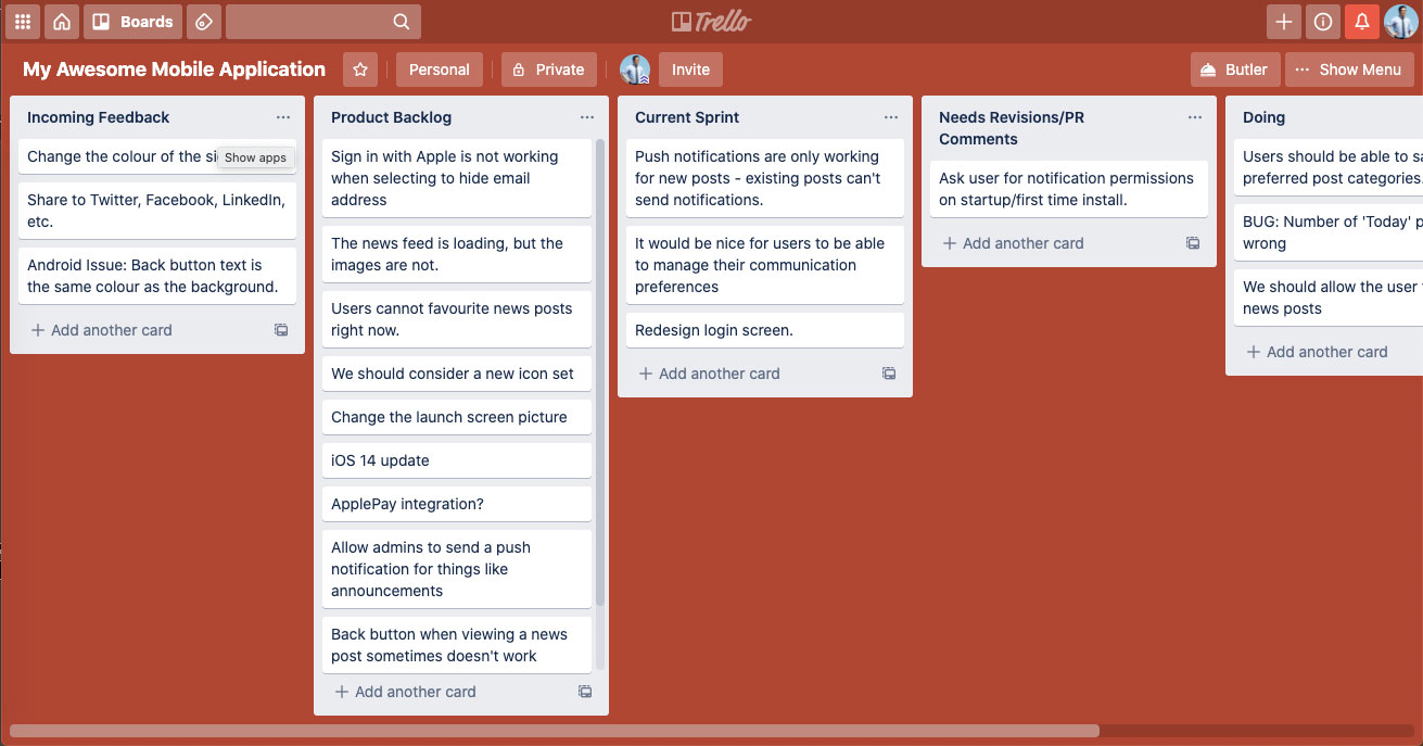 A mobile application Scrum Express Trello board, with the columns listed below.