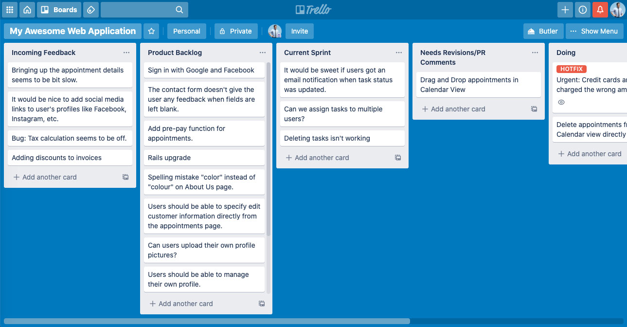 A web application Scrum Express Trello board, with the columns described below.